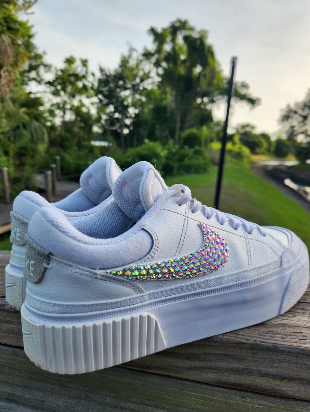 Nike Women's Court Legacy Platform White Rhinestones Customized Sneakers Size 6 - Picture 3 of 16